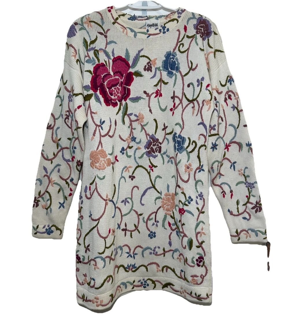 Knights Ltd Ivory Floral Embroidered Cottagecore Long Sweater Tunic Medium